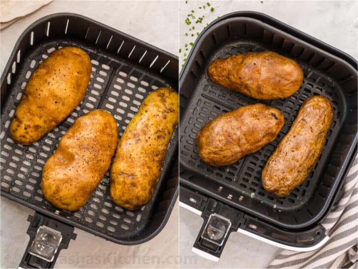 This recipe for Air Fryer Baked Potato comes out perfect every time. Makes for a great side dish to any meal and loved by everyone. Step by step collage of how to make homemade air fryer baked potato.
