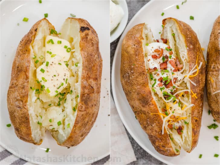 With this easy air fryer baked potato recipe, you are going to love cooking baked potatoes! Loaded baked potato sreved two different ways in a collage.