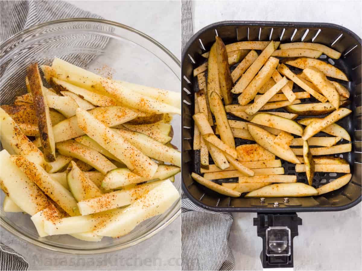 This air fryer method for making homemade french fries is the easiest method for cooking fries. Step by step collage how to make air fryer French fries.