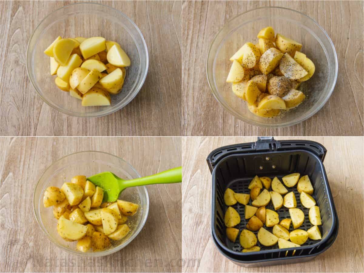 Photo collage showing the process of roasting potatoes in the air fryer.