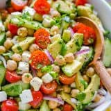 Chickpea Salad with Chickpeas or garbanzo beans, avocado, cucumber, tomato and feta cheese