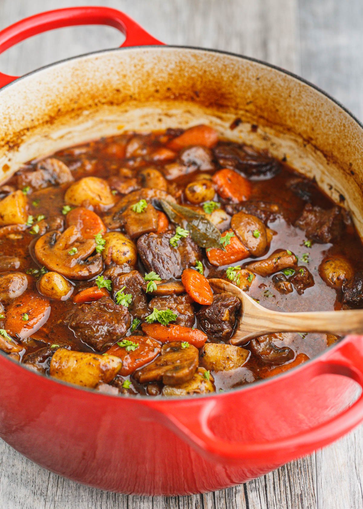 Tender beef stew served garnished with parlsey