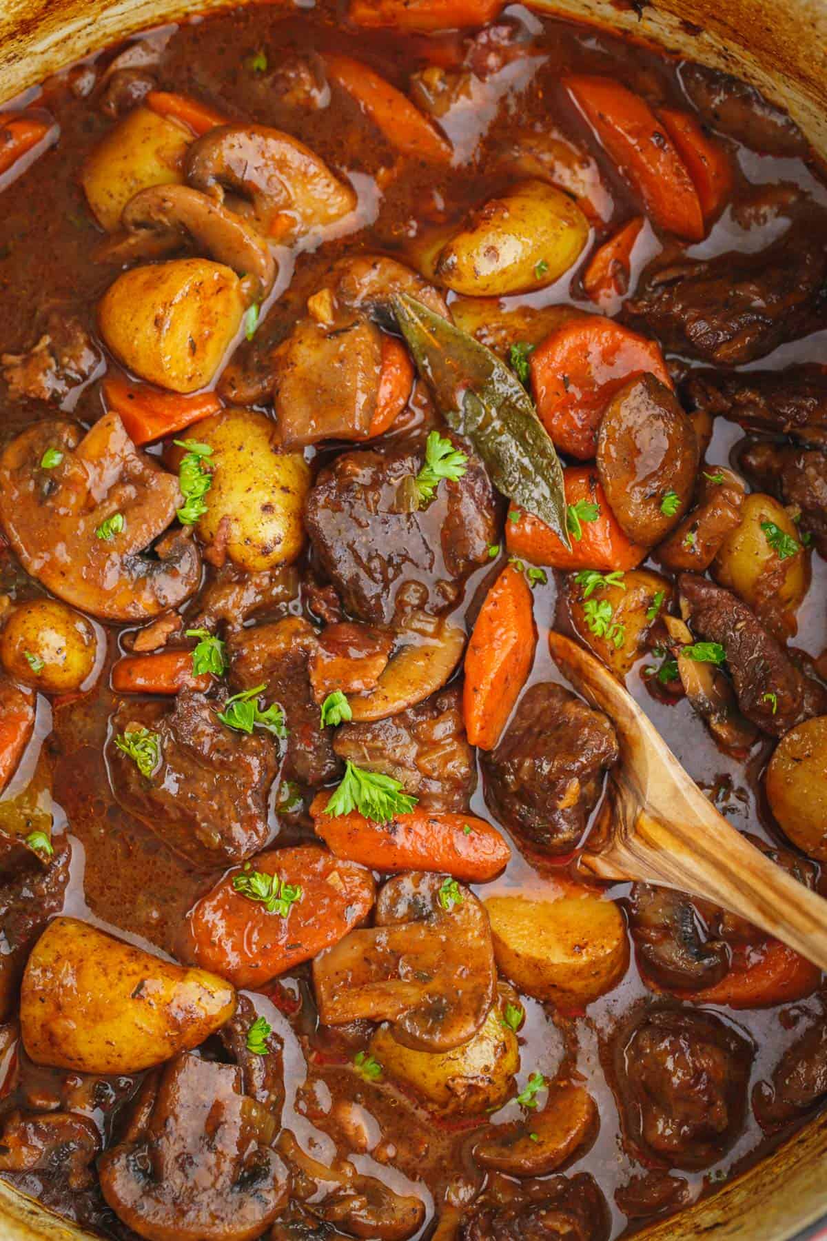 Saucy Beef stew up close with beef and vegetables