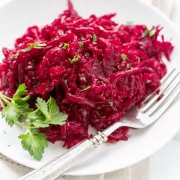 This beet salad is loaded with 3 pounds of beets (super healthy) and the marinade gives it wonderful flavor. Perfect for parties because it's a make-ahead salad that stores really well in the fridge and can even be canned.
