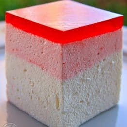 A must try Birds Milk Jello recipe. Inside a layer of creamy mouse topped with raspberry jello. I hope you enjoy this super easy and fancy dessert.