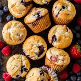 Fluffy and moist Mixed Berry Muffins come together quickly and are loaded with juicy strawberries, raspberries and blueberries. Easy, excellent berry muffin recipe! #muffins #berrymuffins #strawberrymuffins #blueberrymuffins #raspberrymuffins #berrymuffinrecipe #howtomakemuffins #easymuffins #breakfastmuffins #natashaskitchen #dessert #berries #triberrymuffins #tripleberrymuffins #strawberries #blueberries #raspberries