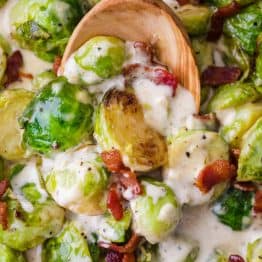 Brussels Sprouts in a creamy parmesan garlic alfredo sauce topped with crisp bacon. Quick and easy, holiday-worthy Brussel Sprouts recipe that comes together in one-pan! #brusselsprouts #brusselssprouts #alfredobrusselsprouts #howtocookbrusselsprouts #natashaskitchen