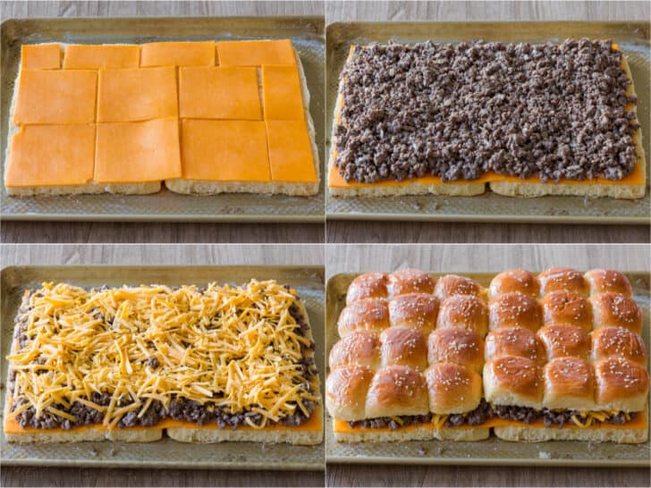 Cheeseburger Sliders are juicy, cheesy and beefy and everything we love about burgers. Sliders are quick and easy, make-ahead, and reheat really well. How to assemble sliders with buns, cheese, ground beef, more cheese and topped with slider buns.