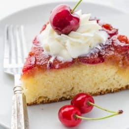 This Cherry Upside-Down Cake is sooooo soft! And you can use just about any kind of fruit! | NatashasKitchen.com