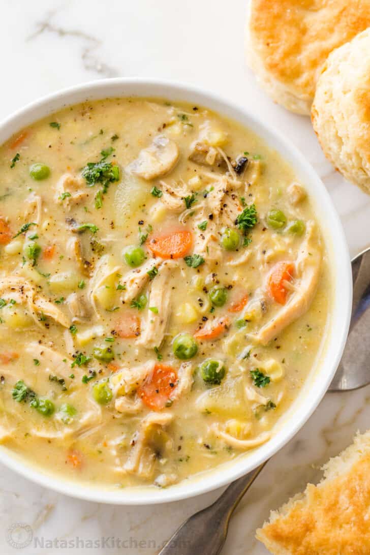 chicken pot pie soup in a bowl
