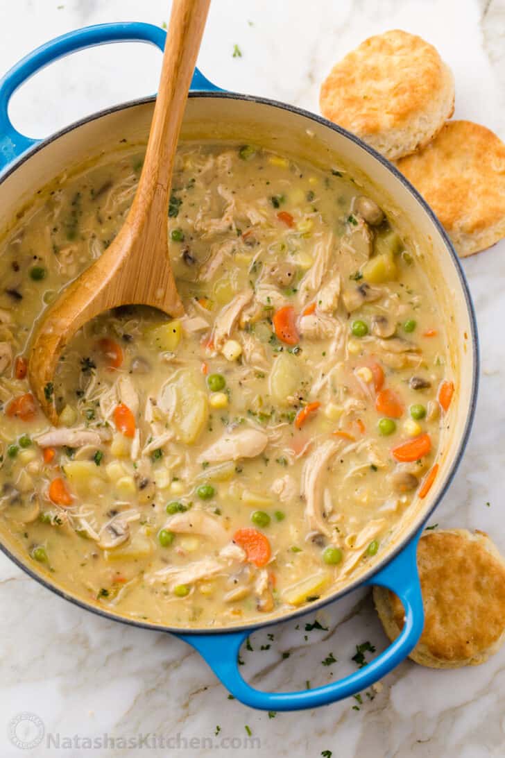 Pot Pie soup cooked in a dutch oven pot