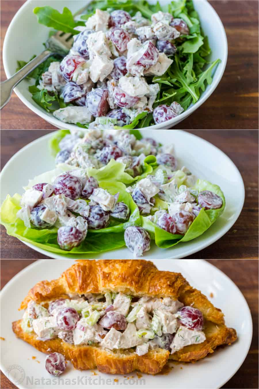Serving suggestions for chicken salad mix over salad, lettuce cups and crossants