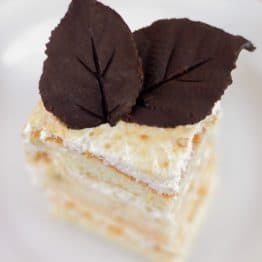 A piece of cake on a white plate garnished with chocolate leaves