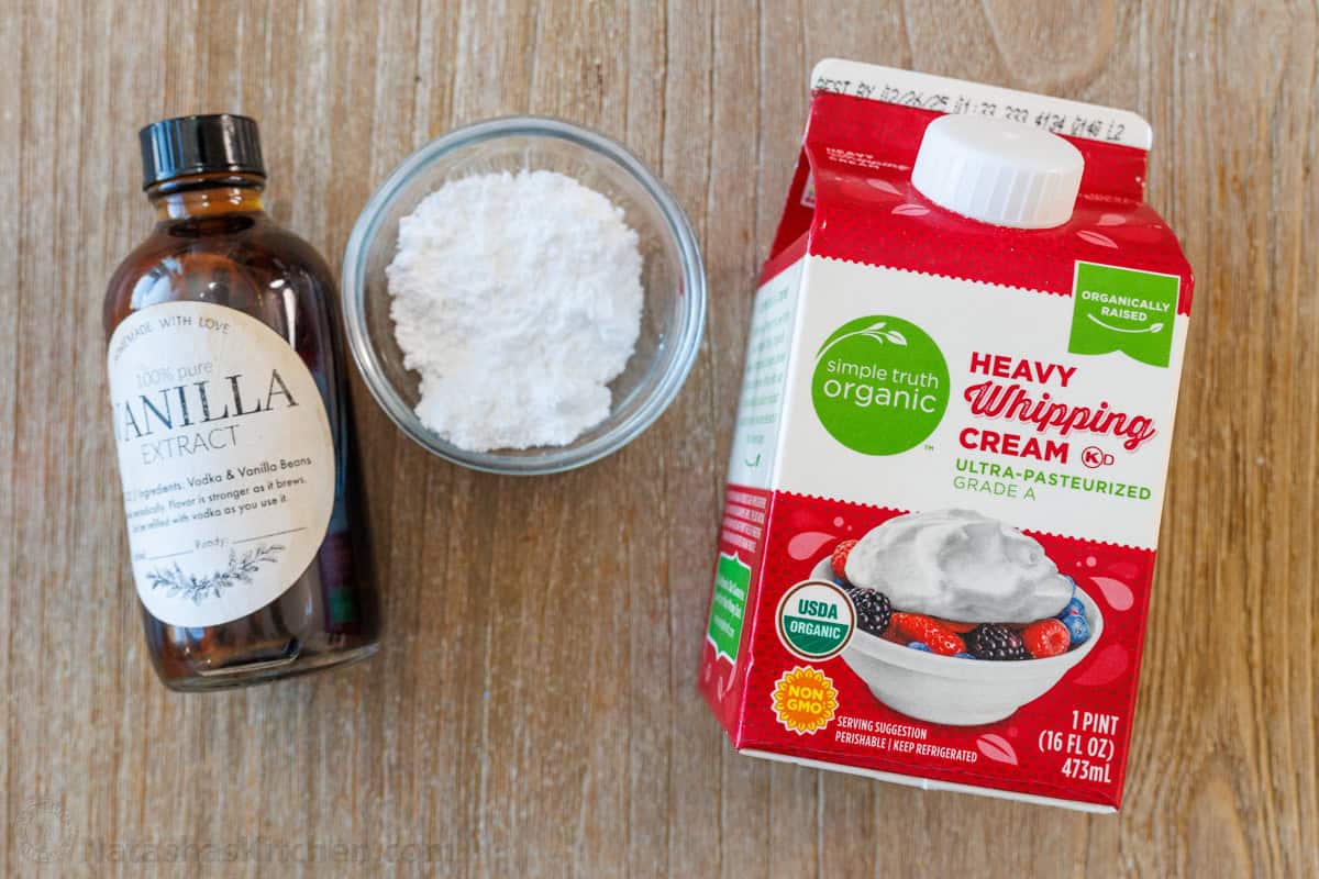 Ingredients for Homemade Whipped Cream three ingredients for homemade cool whip including vanilla, powdered sugar and Heavy Whipping cream