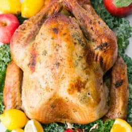 Juicy Roast Turkey on a serving platter garnished with fruit