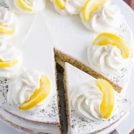 Lemon Poppy seed cake with a cut slice of cake