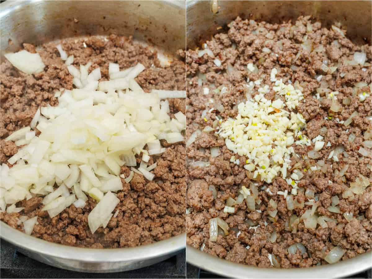 Browned ground beef with diced onion and minced garlic on top