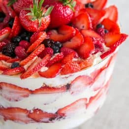 A close up of a mixed berry and angel food trifle