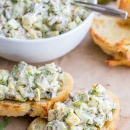 The addition of mushrooms and a flavorful dressing takes this egg salad over the top. Great lunch idea. Easy & Super Tasty! | natashaskitchen.com