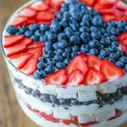 A no-bake berry trifle recipe that takes just 30 min! Loaded with blueberries, strawberries, layers of soft angel food cake and fluffy cream. Delicious! | natashaskitchen.com