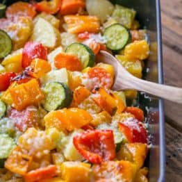 Roasted Vegetables uses the best of Fall vegetables: butternut squash, potatoes, zucchini, carrots and bell peppers. Perfect holiday side dish! | natashaskitchen.com