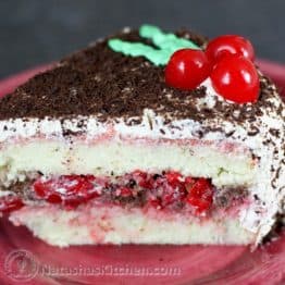 A must try Russian Cherry Layer Cake with a surprise layer inside. The frosting has only 2 ingredients. This cake was a winner!