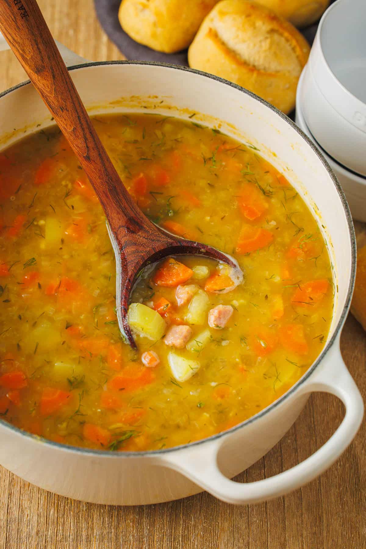 This Split Pea Soup is a nutritious blend of sweet golden peas and savory ham creating a rich and flavorful soup that's perfect for a cold winter day.