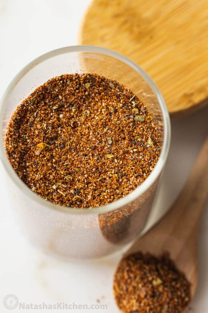 This easy Homemade Taco seasoning works for any recipe that calls for taco seasoning. It is tastier, healthier, and cheaper than store-bought. Overhead view of homemade taco seasoning in jar