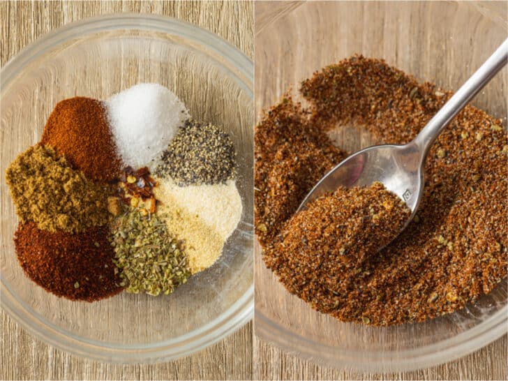 This easy homemade taco seasoning takes minutes to make, and it's tastier, healthier, and cheaper than the store-bought packets. Side by side photos showing process of making taco seasoning