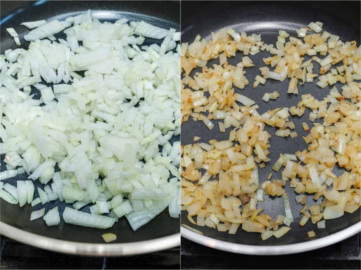 This is my favorite meatloaf recipe. The meatloaf is tender and juicy on the inside with a sweet and tangy glaze that adds so much flavor! Sautéing onion on a skillet until golden