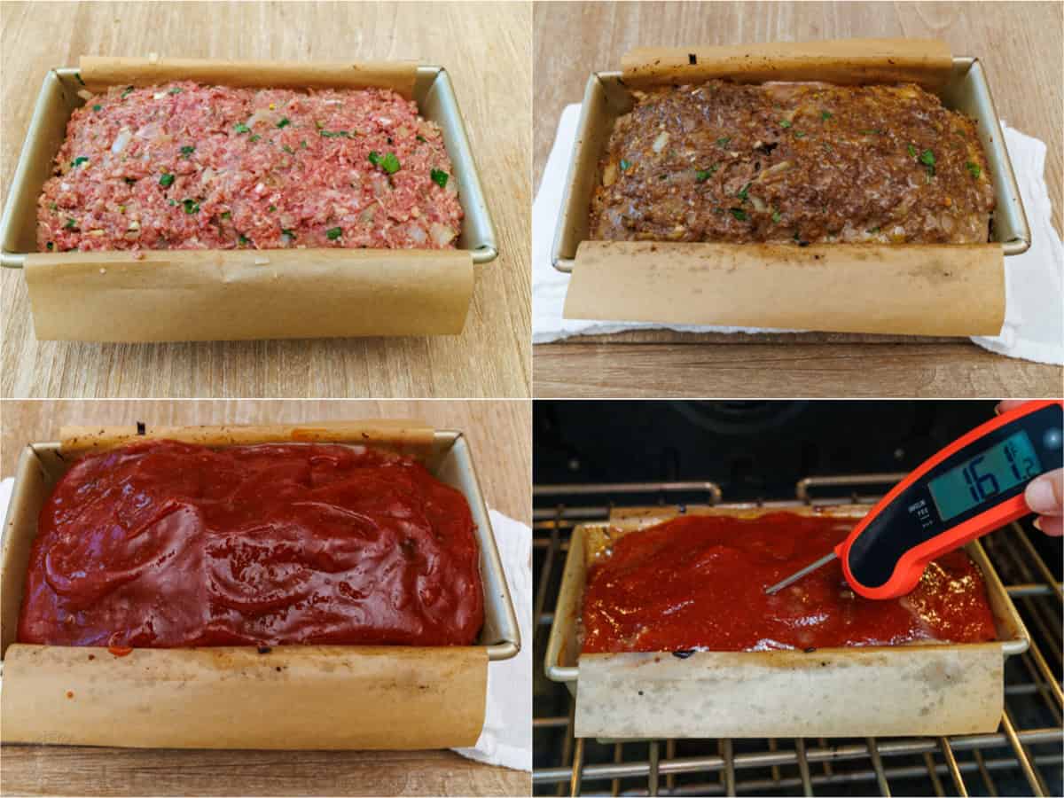 This is my favorite meatloaf recipe. The meatloaf is tender and juicy on the inside with a sweet and tangy glaze that adds so much flavor! How to make meatloaf in a loaf pan step by step collage