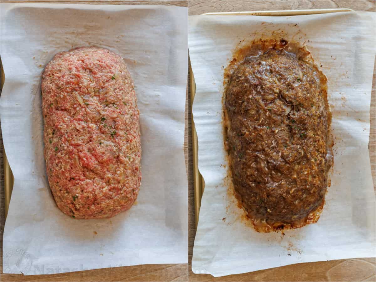 This is my favorite meatloaf recipe. The meatloaf is tender and juicy on the inside with a sweet and tangy glaze that adds so much flavor! Meatloaf shaped on a baking sheet shown before and after baking