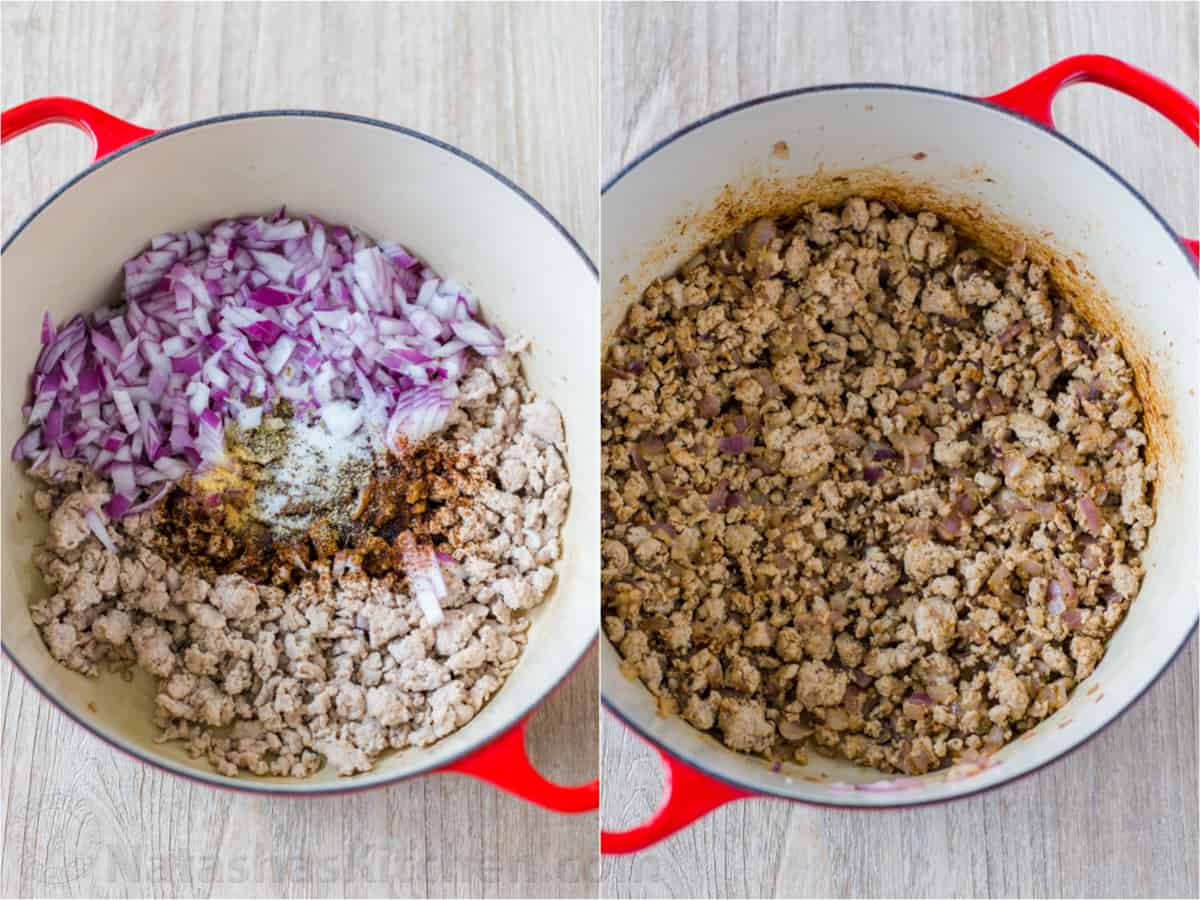 Step by step how to make turkey chili - adding spices and red onions to browned ground meat in a Dutch oven