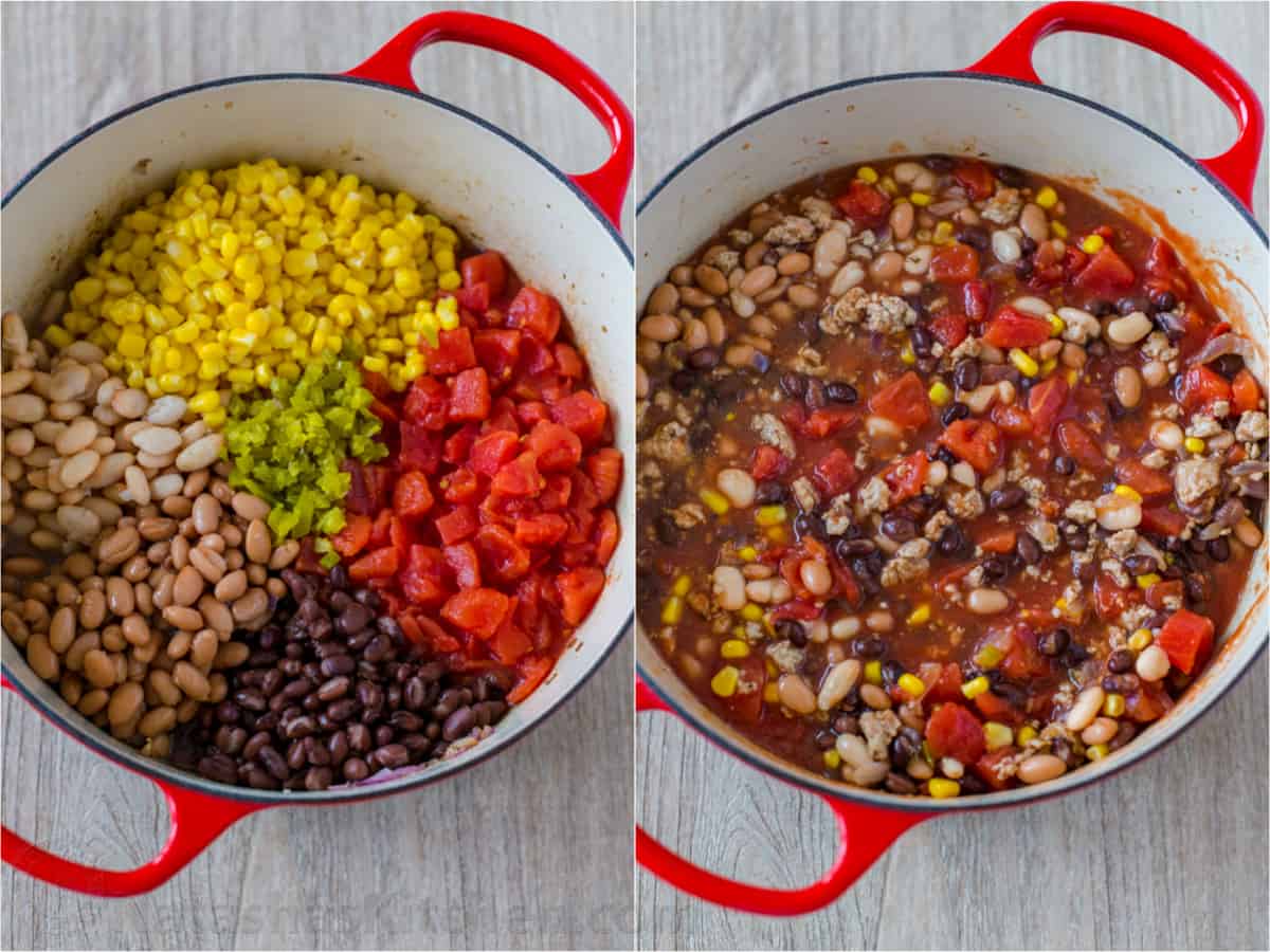 How to make turkey chili collage - Mixing corn, beans and tomatoes into the ground meat in the dutch oven