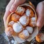Zeppole Italian donuts served in paper bag with powdered sugar